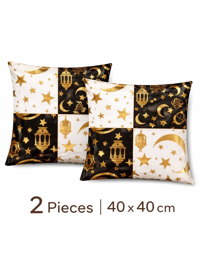 طقم 2 كيس خدادية رمضانية أسود × أبيض × ذهبي – مقاس 40 × 40 سم – وسادات انتريه – قطن وكتان - Image 2